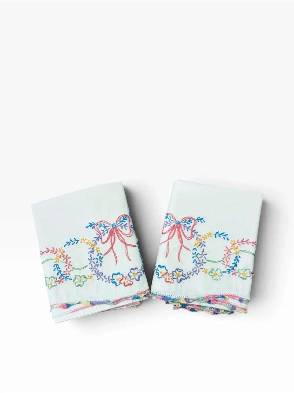 Handmade Vintage Floral Embroidered White Standard Pillowcase Set